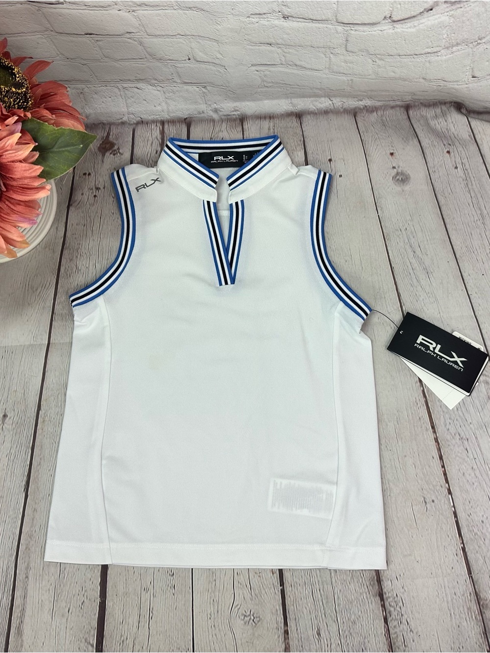 RLX Ralph Lauren White Sleeveless Tank with Blue Trim